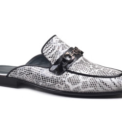 Men’s Luxury Snake Print Leather Half Shoe Mule – Black & White