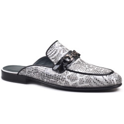 Men’s Luxury Snake Print Leather Half Shoe Mule – Black & White