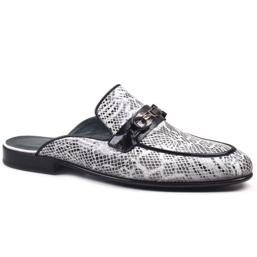 Men’s Luxury Snake Print Leather Half Shoe Mule – Black & White