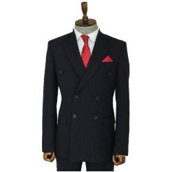 Black Solid Slim Fit Double-Breasted Blazer with Silver Metal Buttons