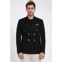 Black Solid Slim Fit Double-Breasted Blazer with Silver Metal Buttons