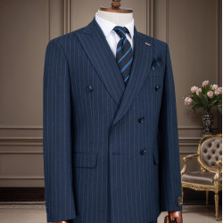 Marco Lorenzo Blue Double Breasted Pin Striped Slim Suit