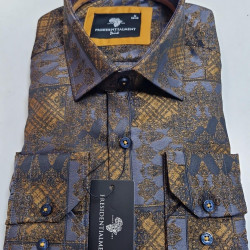 Presidential Men’s Gold & Dark Blue Geometric‑Floral Patterned Shirt