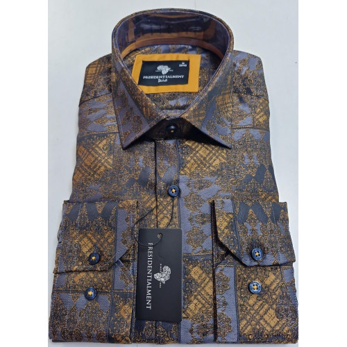 Presidential Men’s Gold & Dark Blue Geometric‑Floral Patterned Shirt