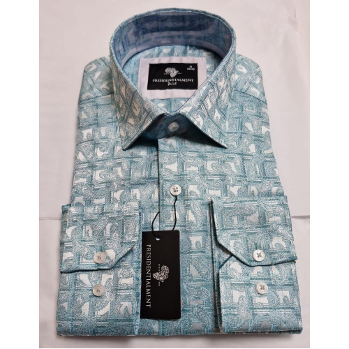 Presidential Men's Light Blue & White Geometric Patterned Shirt
