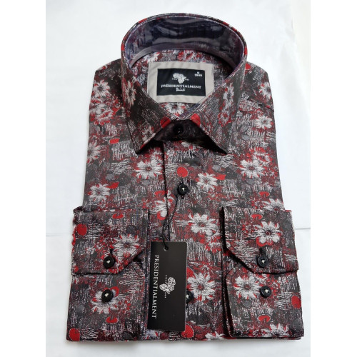 Presidential Men's Black & Red Floral Patterned Shirt