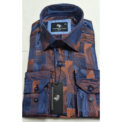 Presidential Men's Blue & Brown Geometric Patterned Shirt