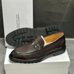 Men’s Dark Brown Perforated Leather Loafers with Buckle | Alberto Guardiani