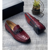 Berluzzi Men Formal Shoes | Classic Executive Burgundy Glossy Crocodile‑Pattern Buckle Loafers for Men