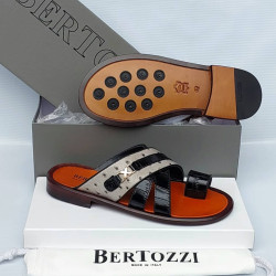 Bertozzi Men Formal Shoes | Classic Executive Black & White Glossy Multi‑Strap Leather Sandals for Men