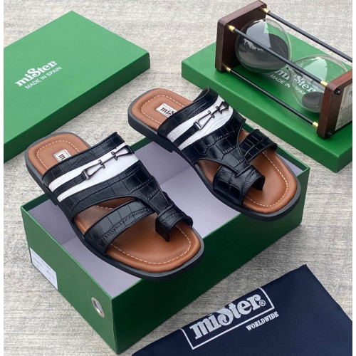 MiSter Crocodile Leather Toe-Ring Slide Sandals with Straps – Made in Spain