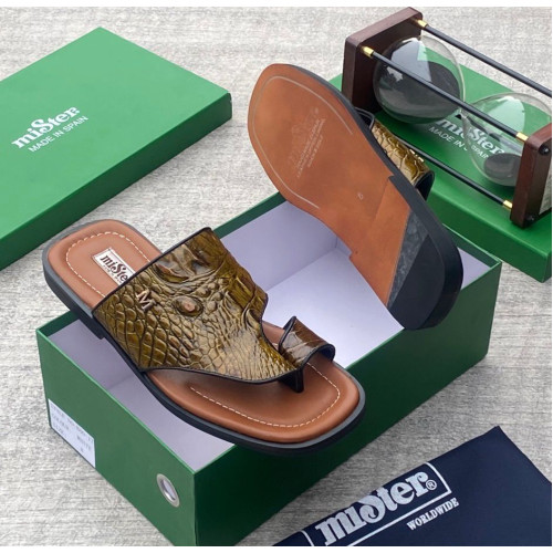 MiSter Crocodile Leather Toe-Ring Slide Sandals with Straps – Made in Spain