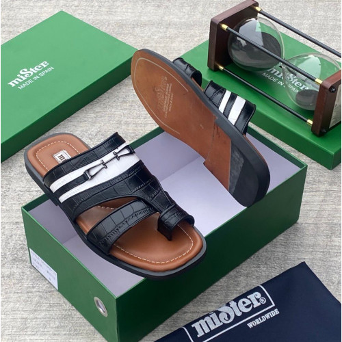 MiSter Crocodile Leather Toe-Ring Slide Sandals with Straps – Made in Spain