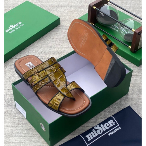 MiSter Crocodile Leather Toe-Ring Slide Sandals with Straps – Made in Spain