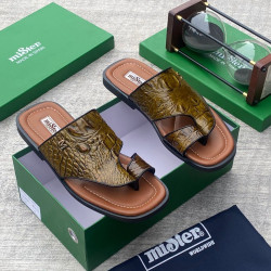 MiSter Crocodile Leather Toe-Ring Slide Sandals with Straps – Made in Spain