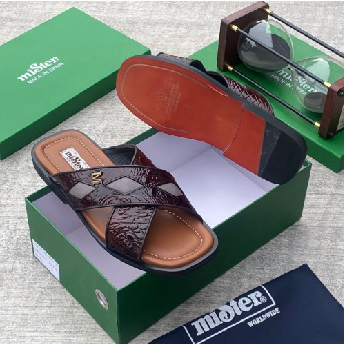 MiSter Crocodile Leather Toe-Ring Slide Sandals with Straps – Made in Spain