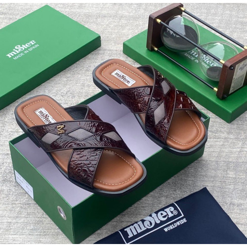 MiSter Crocodile Leather Toe-Ring Slide Sandals with Straps – Made in Spain