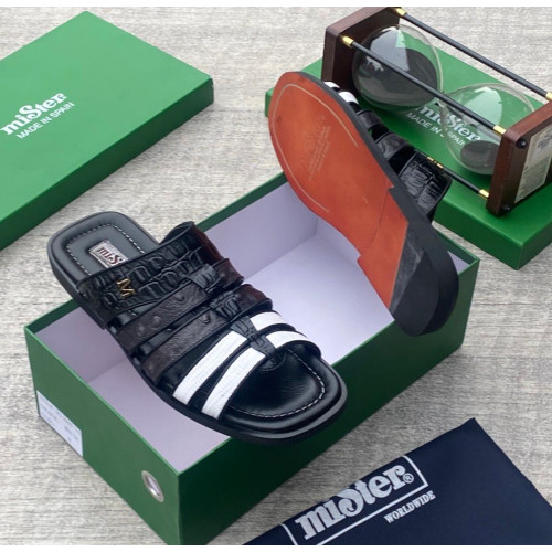 MiSter Crocodile Leather Toe-Ring Slide Sandals with Straps – Made in Spain