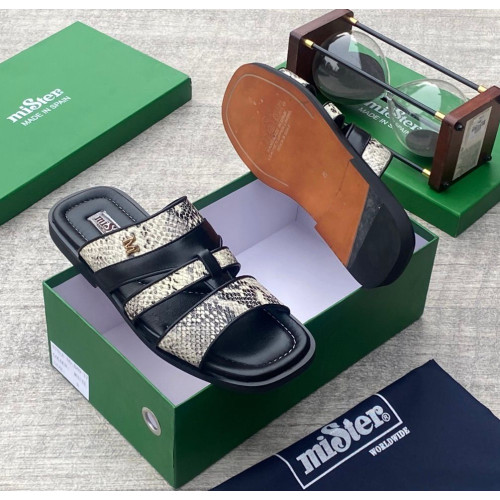 MiSter Crocodile Leather Toe-Ring Slide Sandals with Straps – Made in Spain