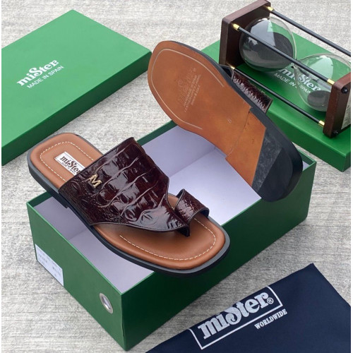 MiSter Crocodile Leather Toe-Ring Slide Sandals with Straps – Made in Spain