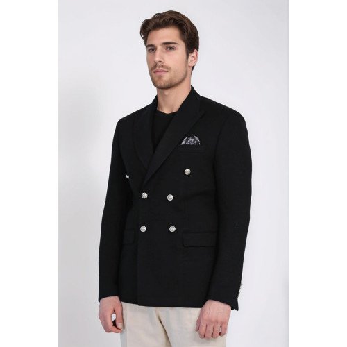Black Solid Slim Fit Double-Breasted Blazer with Silver Metal Buttons
