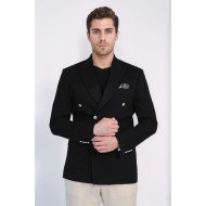 Black Solid Slim Fit Double-Breasted Blazer with Silver Metal Buttons