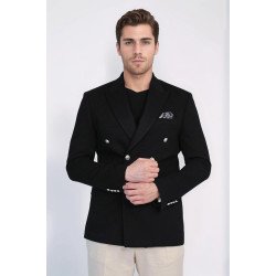 Black Solid Slim Fit Double-Breasted Blazer with Silver Metal Buttons