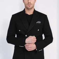Black Solid Slim Fit Double-Breasted Blazer with Silver Metal Buttons