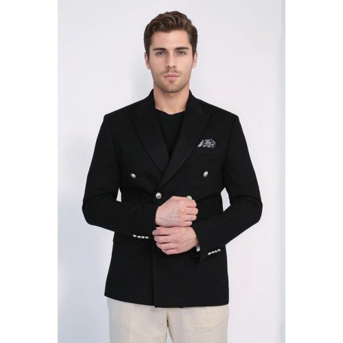 Black Solid Slim Fit Double-Breasted Blazer with Silver Metal Buttons