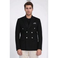 Black Solid Slim Fit Double-Breasted Blazer with Silver Metal Buttons