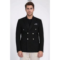 Black Solid Slim Fit Double-Breasted Blazer with Silver Metal Buttons