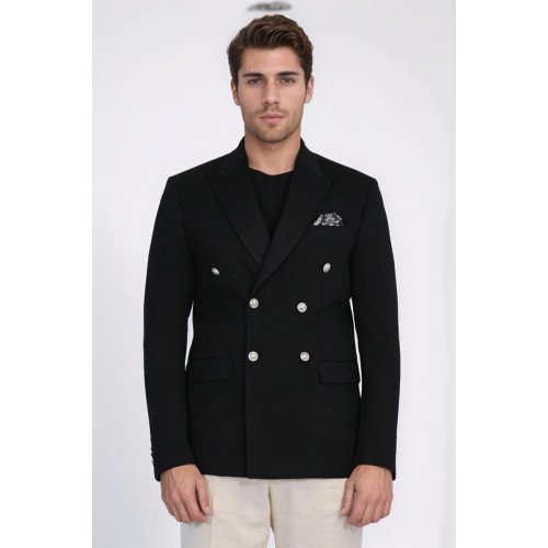Black Solid Slim Fit Double-Breasted Blazer with Silver Metal Buttons