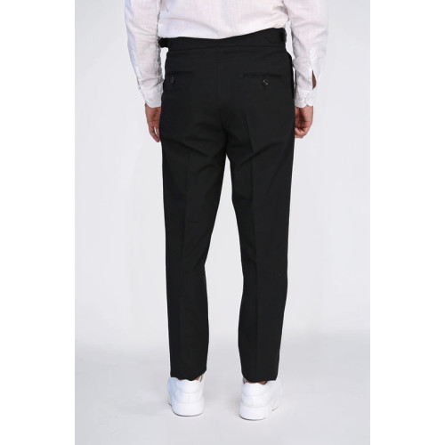 Black Double-Pleated High-Waisted Slim Fit Trousers with Side Buckles
