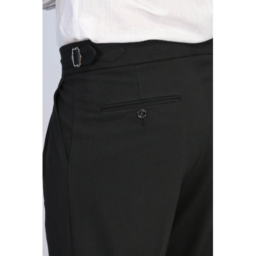 Black Double-Pleated High-Waisted Slim Fit Trousers with Side Buckles