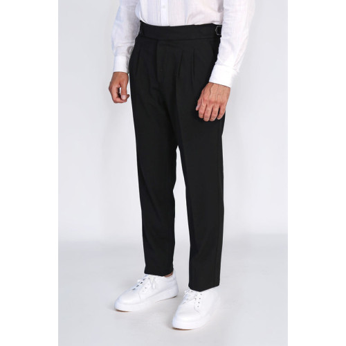 Black Double-Pleated High-Waisted Slim Fit Trousers with Side Buckles