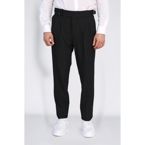 Black Double-Pleated High-Waisted Slim Fit Trousers with Side Buckles