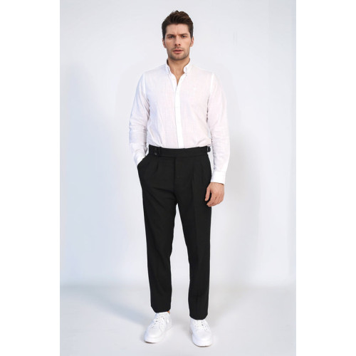 Black Double-Pleated High-Waisted Slim Fit Trousers with Side Buckles