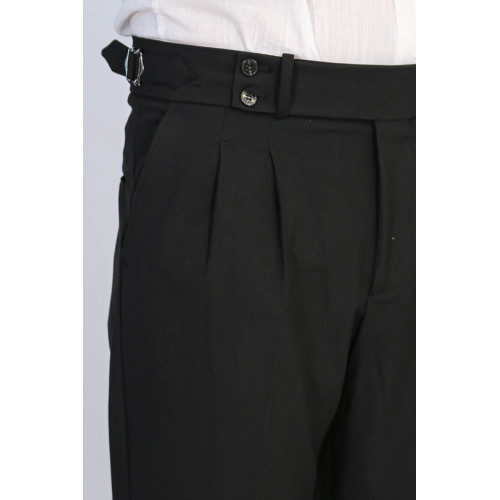 Black Double-Pleated High-Waisted Slim Fit Trousers with Side Buckles