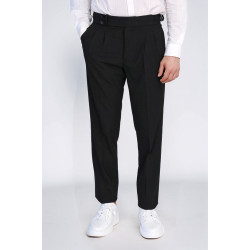 Black Double-Pleated High-Waisted Slim Fit Trousers with Side Buckles