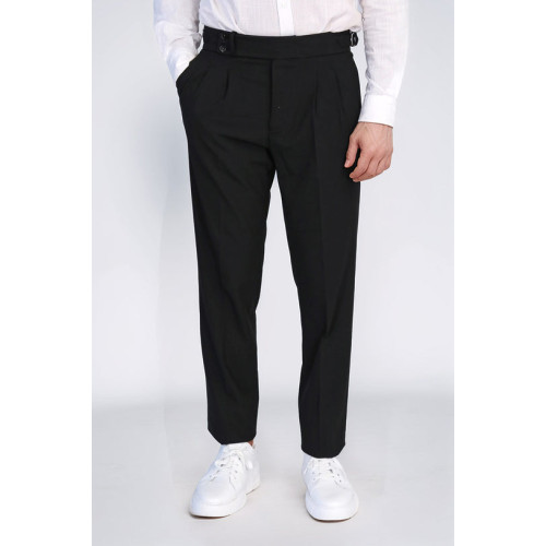 Black Double-Pleated High-Waisted Slim Fit Trousers with Side Buckles
