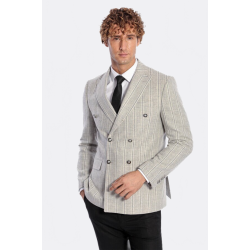 Wide Lapel Striped Double Breasted Grey Men Blazer - Chadrobe
