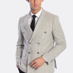 Wide Lapel Striped Double Breasted Grey Men Blazer - Chadrobe
