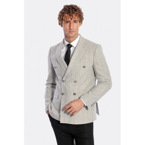 Wide Lapel Striped Double Breasted Grey Men Blazer - Chadrobe