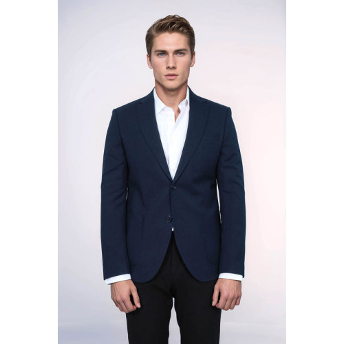 Textured Slim Fit Notch Lapel Navy Blue Men Blazer - Chadrobe