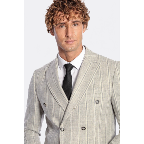 Wide Lapel Striped Double Breasted Grey Men Blazer - Chadrobe