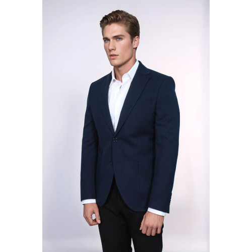 Textured Slim Fit Notch Lapel Navy Blue Men Blazer - Chadrobe