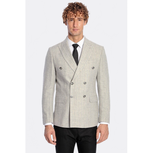 Wide Lapel Striped Double Breasted Grey Men Blazer - Chadrobe
