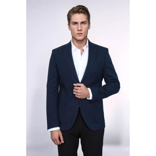 Textured Slim Fit Notch Lapel Navy Blue Men Blazer - Chadrobe