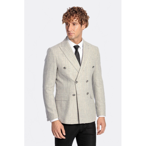 Wide Lapel Striped Double Breasted Grey Men Blazer - Chadrobe