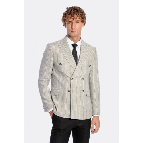 Wide Lapel Striped Double Breasted Grey Men Blazer - Chadrobe